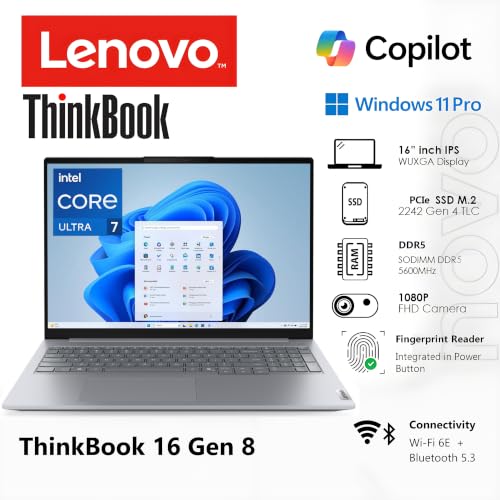 Image of Lenovo ThinkBook 16 Gen 8 Laptop, Intel Core Ultra 7, 32GB DDR5, 1TB SSD | 16 inch WUXGA AI PC laptop, Thunderbolt 4, Wi-Fi 6E, fingerprint, Win 11 Pro, business-grade
