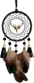 カーアクセサリー ペンダント ドリームキャッチャー 両面使える 鹿 バックミラー飾り 羽飾り 車用品 ハンギング ビーズ(濃い緑色の羽・6つの黒ビーズ)