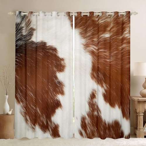 Highland Cow Cowhide Blackout Curtains,Brown Milk Cow Print Window Treatments 2 Panels 42 x 84 Inch,Rustic Farm Animals Fur Curtains & Drapes,Bull Cattle Wildlife Skin Home Decor Boho Aztec Decor