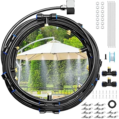 Kesfitt Misting Cooling System 20M DIY Misting Line with 20 Brass Nozzles Anti-UV Tube Adapter 3/4" for Patio Courtyard Trampoline Cover