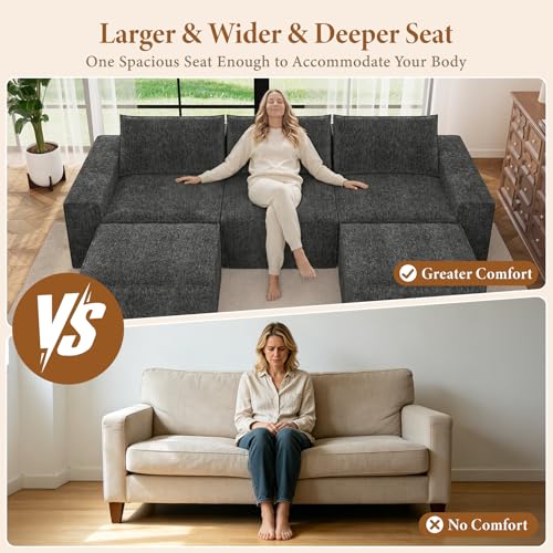 Image of Vesgantti 114 inch Boneless Modular Sectional Sofa, Modern U Shaped 5 Seater Couch with 2 Ottoman & Deep Seat, Convertible Chenille Cloud Couches for Living Room, No Assembly Required, Dark Grey