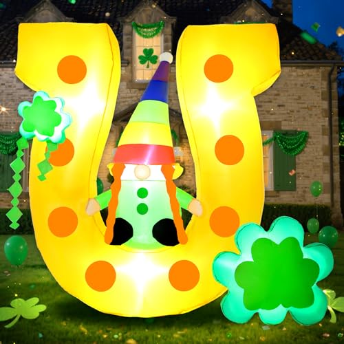 Boveco 4.9FT St Patricks Day Inflatables Outdoor Decorations Blow Up Gnome Sits on Lucky Horseshoe Arch with Shamrock LED-Lighted Dcor Leprechaun for Yard Lawn Garden Party Holiday