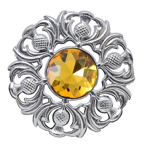 Image of Luxurious Scottish Kilt Fly Plaid Brooch - Premium Thistle Design Adorned with Sparkling Stones, Handcrafted Tartan Sash Pin, Luxurious Accessory for Women's Highland Dress