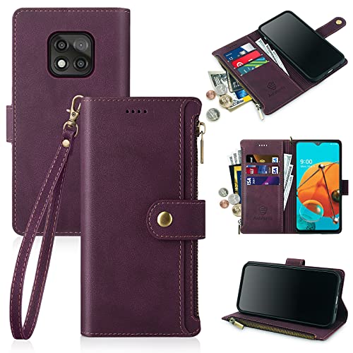 Antsturdy Motorola Moto G Power 2021 Wallet case with Card Holder for Women Men,Moto G Power 2021 Phone case RFID Blocking PU Leather Flip Cover with Strap Zipper Credit Card Slots,Wine Red