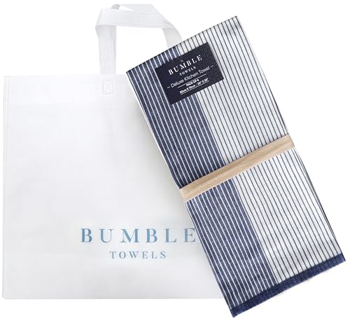 Bumble Kitchen Hand Dish Tea Towels – Bulk Set of 6 – Luxe, Soft, Durable Ring Spun Cotton with 3 Different Textures – Extra Large 20" x 28" / 50 x 70 cm Size (Blue)
