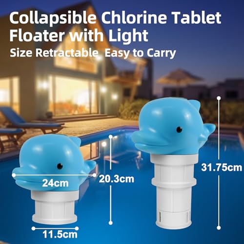 AHJ Solar Dosierschwimmer Pool, 24 cm Delfin Chlor-Schwimmer mit Licht, Dosierschwimmer für 7,5 cm Chlortabletten,，Pool-Chlor-Schwimmer mit automatischer Nachtbeleuchtung für Pool und Whirlpool