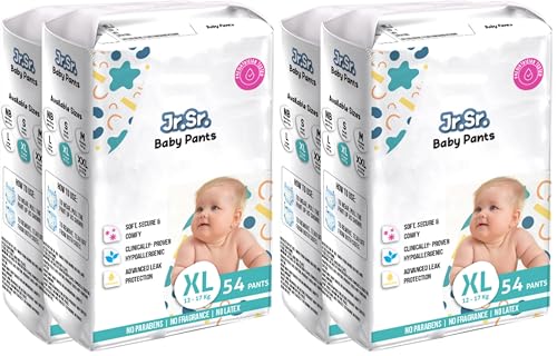 Image of Jr. Sr. Baby Diaper Pants | Extra Large (XL) Size (12-17 kg), 108 Count | Pack of 4 | Upto 12 hr Absorption with Advanced Leak Protection | Safe For Babies Skin | Soft, Secure & Comfy