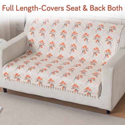 Image of HOKIPO Autumn Blossom Quilted Sofa Cover with Tassels 2 Seater for Seat & Back, (152x120 cm), 'Tassel Twigs' Series (IN-990-T5)