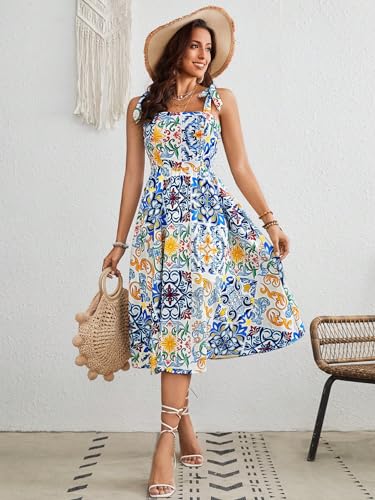 Image of Floerns Women's Floral Print Tie Strap Square Neck Ruffle Boho Maxi Dress