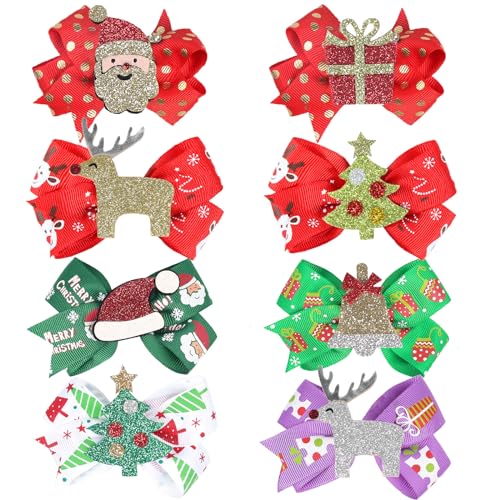 SHEHARUHI 8Pcs Christmas Bow Clips Christmas Sequins Alligator Clips Hair Clips Bows Hair Barrettes, Include Santa, Christmas Tree and Cap, Hair Accessories for Girls Women