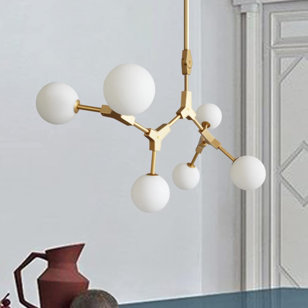 KXEcoLife Molecule Chandelier Lighting Glass Globe Sputnik 8 Lights Mid-Century Modern Linear Branch Chandeliers White Ball Pendant Light for Living Room Dining