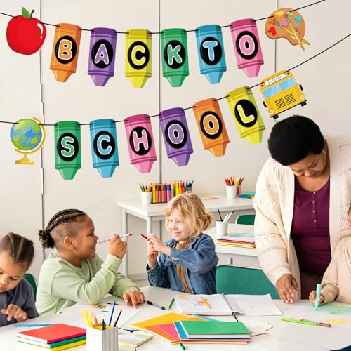 Image of Back to School Banner First Day of School Garland Crayon Apple Classroom Decorations for Teacher Kindergarten Preschool Classroom Office Bulletin Board Decor Photo Backdrop Party Favors