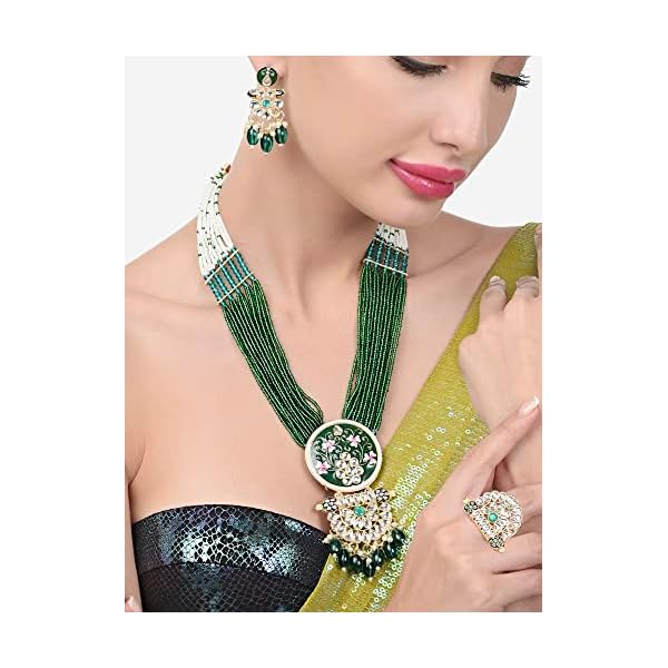 ZAVERI PEARLS Green Pink Meenakari Multistrand Beaded Long Kundan Necklace Earring & Ring Set For Women-ZPFK15624 - Image 6