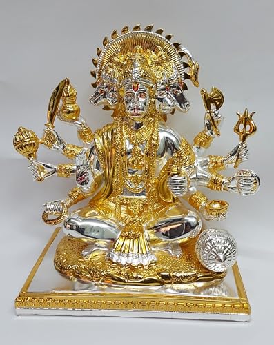 Image of Gold Art India Gold and Silver Plated Panchmukhi Hanuman Idol | Bajrang Bali Murti for Mandir | with Enamel Work Showpiece Figurine for Home Temple, Gifting(23L x 18W x 23H cm)(GOLDSILVERTWOTONE)