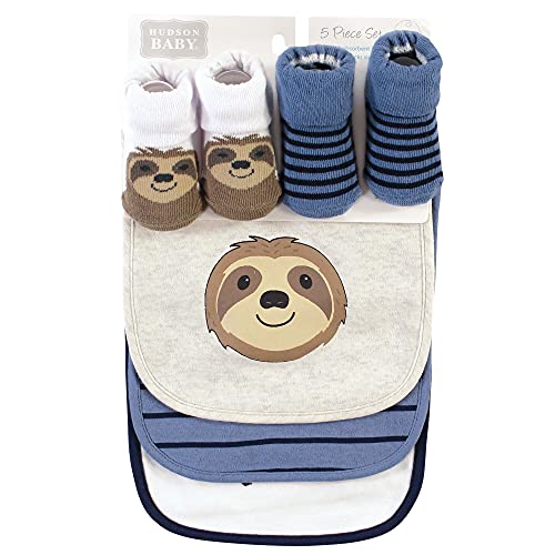 Image of Hudson Baby Unisex Baby Cotton Bib and Sock Set, Sloth, One Size