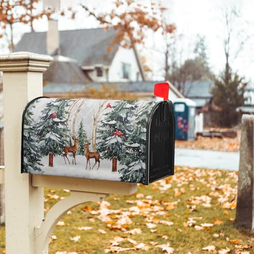Image of Winter Pine Tree Mailbox Cover Magnetic Standard Size 21 inchx18 inch Christmas Deer Cardinal Decorative Mail box Covers Xmas Snowflake Holiday Mailbox Wraps Post Letter Box Cover for Home Garden Yard