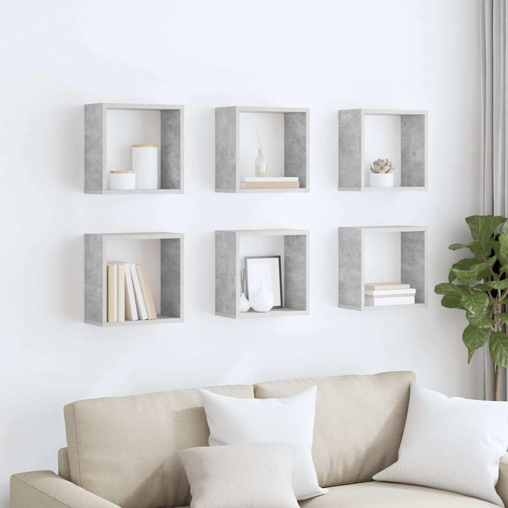 Set di 6 scaffali a cubo, in legno grigio cemento, 30 x 15 x 30 cm, mensole sospese, per soggiorno, camera da letto, cucina, per riporre e decorare, con spazio