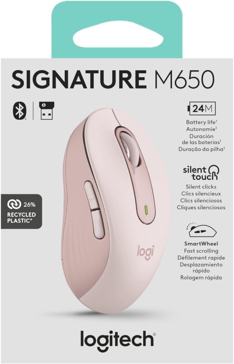 Logitech Wireless Mouse Signature M650- Small Hands, 2-Year Battery, Silent Clicks, Customizable Buttons, Bluetooth, PC/Mac/Chromebook - Rose, Right-Handed, Small-Medium