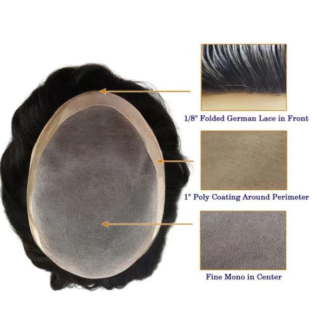 Miniatura 3 de Sistema europeo de cabello humano tipo tupé para hombre, centro de encaje mono con NPU alrededor para reemplazo de cabello de hombre (7 x 9