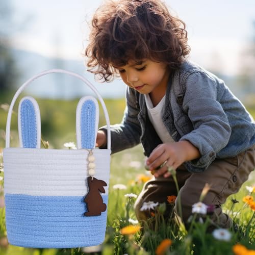 Image of Easter Basket, Empty Easter Baskets for Kids Boys Girls with Bunny Tag Egg Basket Eater Gifts Basket Toddler Teens Babys First Easter Basket with Handle Blue White