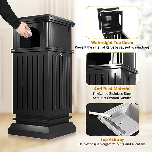 BEAMNOVA Trash Can Outdoor Top Tray Black Stainless Steel Commercial Garbage Enclosure with Locking Lid Heavy Duty Industrial Yard Garage Waste Container, 35.5 * 15.8 * 15.8 in