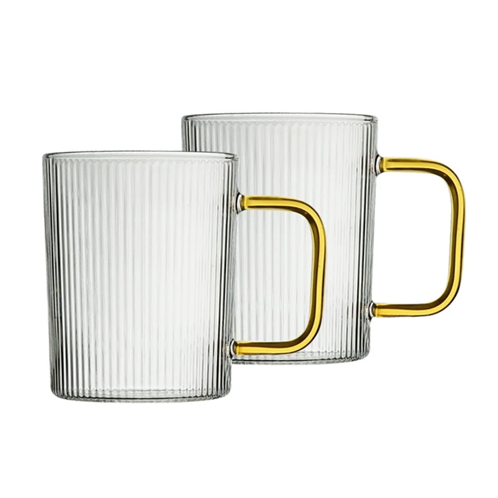 Tasse En Verre, Tasse À Thé En Verre Sans Plomb De Grande Capacité 2 Ensembles De Tasses En Verre Avec Rayures Verticales Et Poignées, Convient For L'eau, Le Lait, Le Café, Le Thé, 340ML