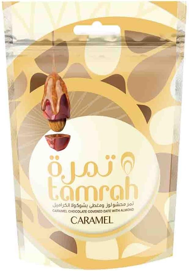Caramel Chocolate Dates and Almonds Zipper Bag 250gm. Ideal for Sharing, Gifting, Kids’ chocolate, Perfect for any Occasion.