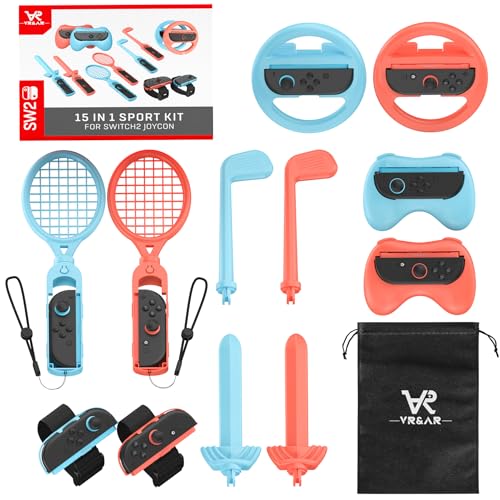 VR&AR 18 in 1 Switch 2 Sports Accessories Kit for Nintendo Switch 2 Sports, Switch 2 Controllers Joy-Con Grips, Steering Wheels Family Accessories Bundle Compatible with Nintendo Switch 2 - With Carry