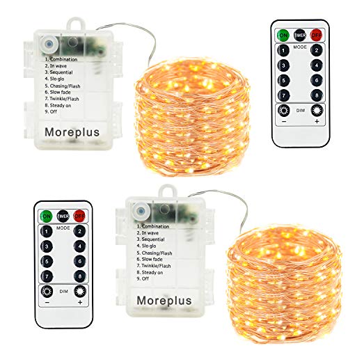 Moreplus 2 Pack Battery Operated Fairy String Lights Waterproof 8 Modes 33ft 100 LED Copper Wire Decorative Lights with Remote Control for Outdoor Indoor Bedroom Garden Wedding Christmas (Warm White)