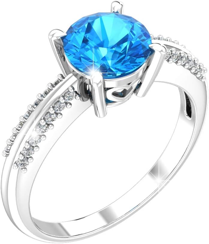 Ring for Womens 925 Sterling Silver Ring Swiss Blue Topaz Gemstone Ring 7mm Round Sparkling Fine Ring Jewelry Band Gift for Engagement Wedding, Size 7