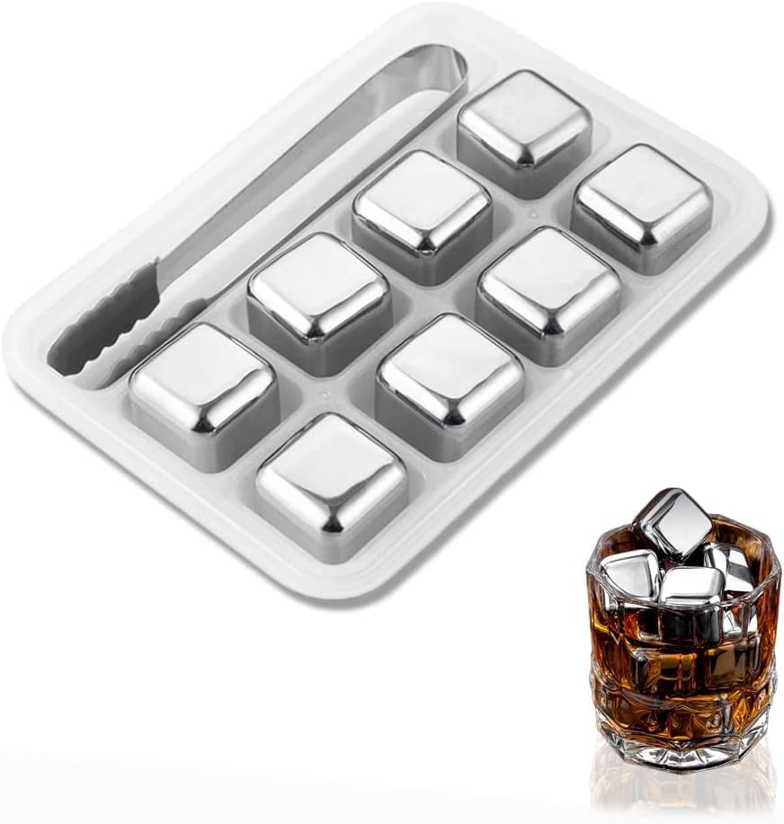 VATTU 8 PCS Whiskey Stones Stainless Steel Ice Cubes Reusable, Chilling Whiskey Rocks for Drinks with Tongs & Freezer Storage Tray for Whiskey Wine Beverage, Gift Sets for Men