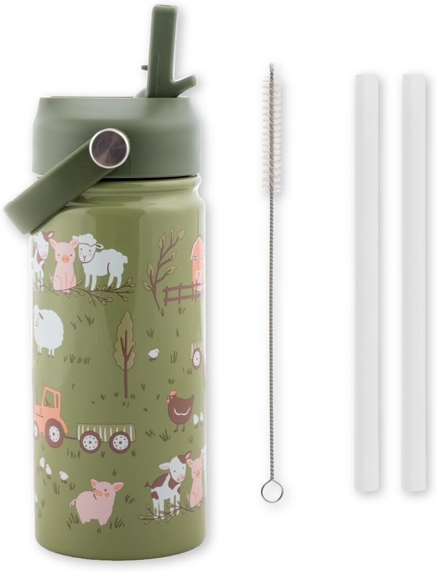 Stephen Joseph, 14oz Insulated Stainless Steel Water Bottle with Straw and Handle for Sports, Travel, and School, BPA-Free Sports Water Bottle, Farm