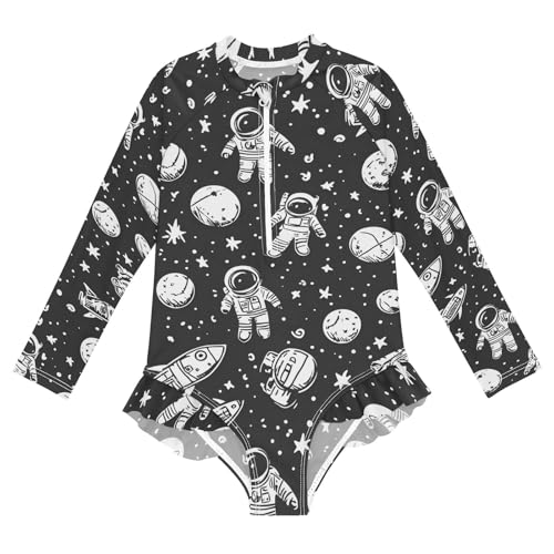 CHIFIGNO Long Sleeve Girls One Piece Swimsuit Stronauts Planets Black White Kids Bathing Suit Girls 3T
