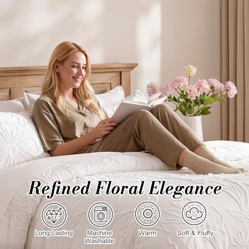 Image of 7 Pieces Flower Comforter Set for All Seasons White Floral Tufted Boho Bedding Set Queen Size Farmhouse Bed in A Bag as Gifts with Comforter Sheets Pillowcases Shams