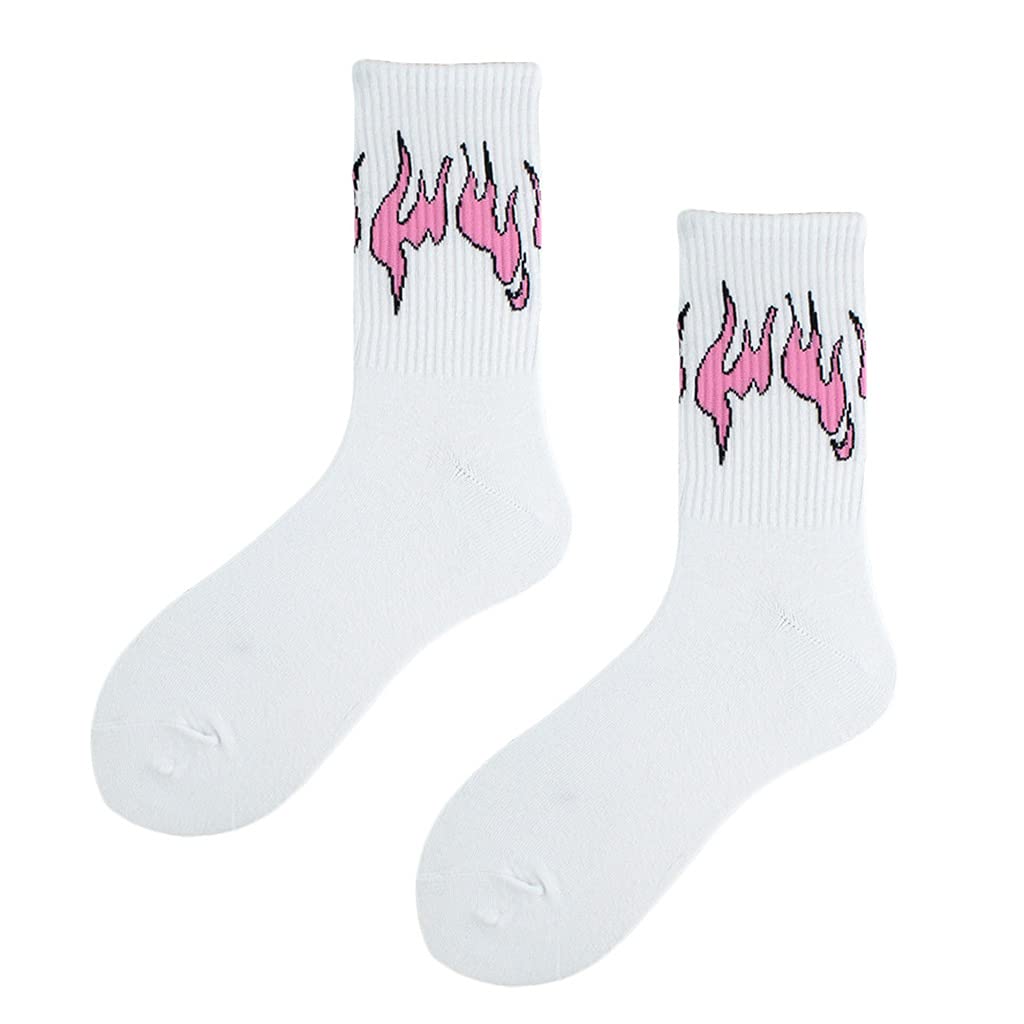 WWHJR Unisex Flame Print Socks Hip Hop Contrast Color Skateboard Hosiery Flame middle tube cotton