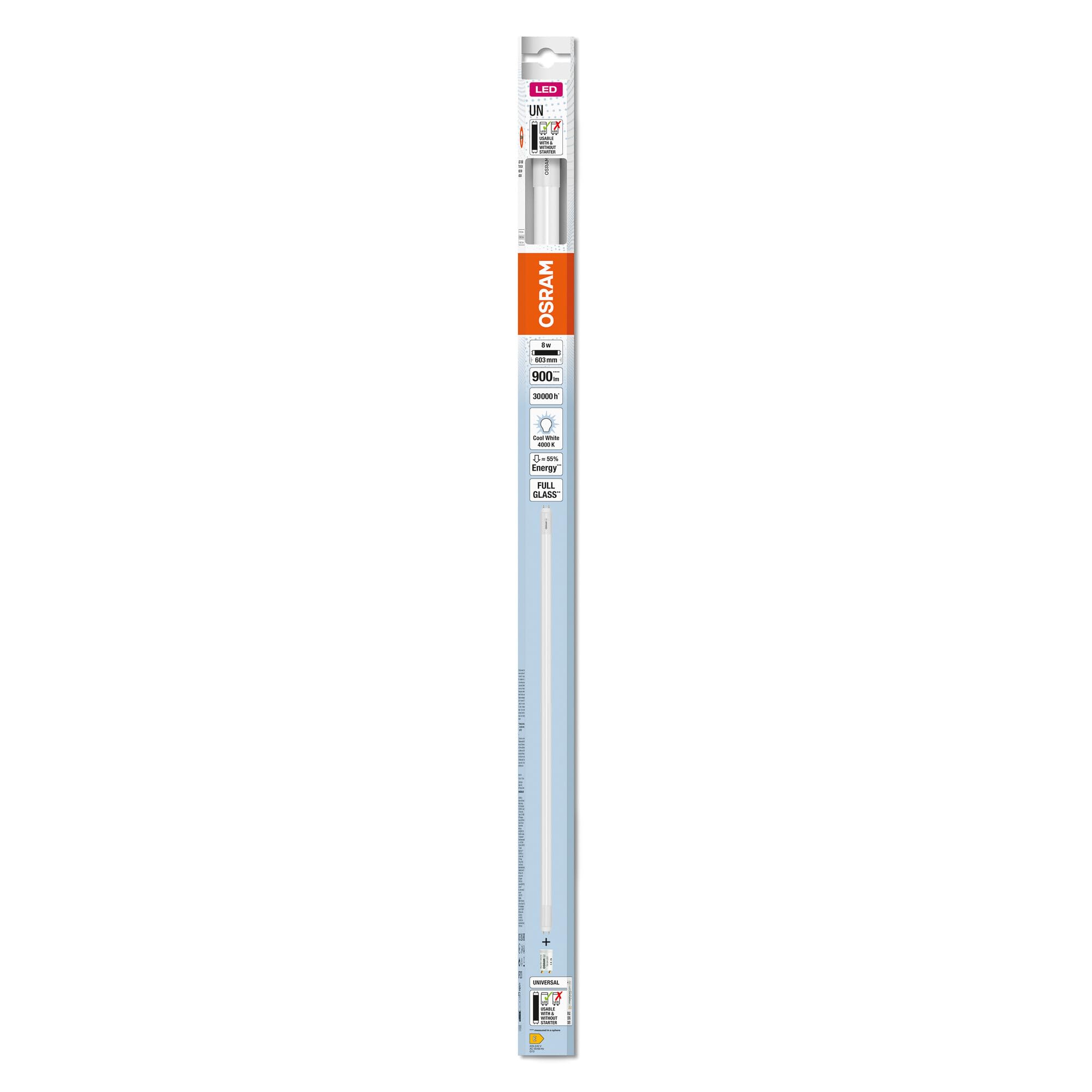 OSRAM Rurka LED T8 18 Un 600 mm, Liniowa Rurka LED, 8W, 900LM, 4000K, Zimne Białe Światło, Zamiennik LED dla Rur Lekkich T8 z Gniazdkami G13, Długa Żywotność