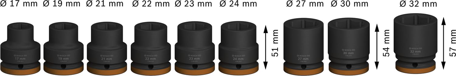 Bosch Juego de 9 llaves de vaso Pro Impact (63 x 56 mm, accesorios profesionales para taladro y destornillador)