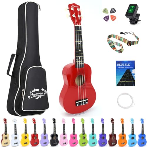 Amdini 21 Inch Ukulele for Beginners Basswood Soprano Ukelele Kit for Kids Adult Student Starter Mini Guitar Ukalelee Pack Bundle with Book Gig Bag Tuner Strap Picks Nylon Strings (Red)