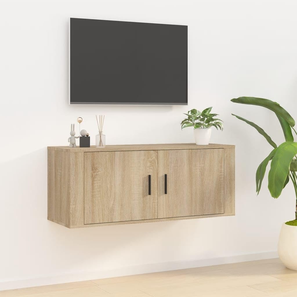 Naścienna szafka pod telewizor dąb Sonoma, 100 x 34,5 x 40 cm, pływający regał na media, wytrzymała konsola z 2 półkami, do salonu, stabilna, uniwersalna podstawka pod telewizor