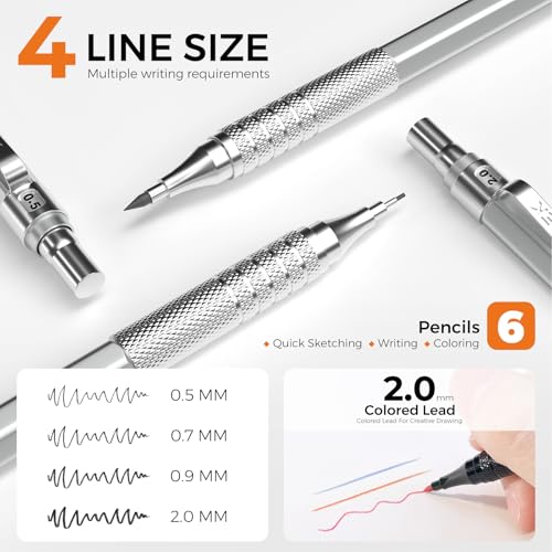 Image of 35Pcs Art Mechanical Pencil Set with Case, 0.5 0.7 0.9 2.0 Graphite Metal Drawing Drafting Pencils, Sharpener Erasers 384PCS Lead Refills (6B 4B 2B HB 2H 4H Colors)Pencils for Writing Sketching,Silver