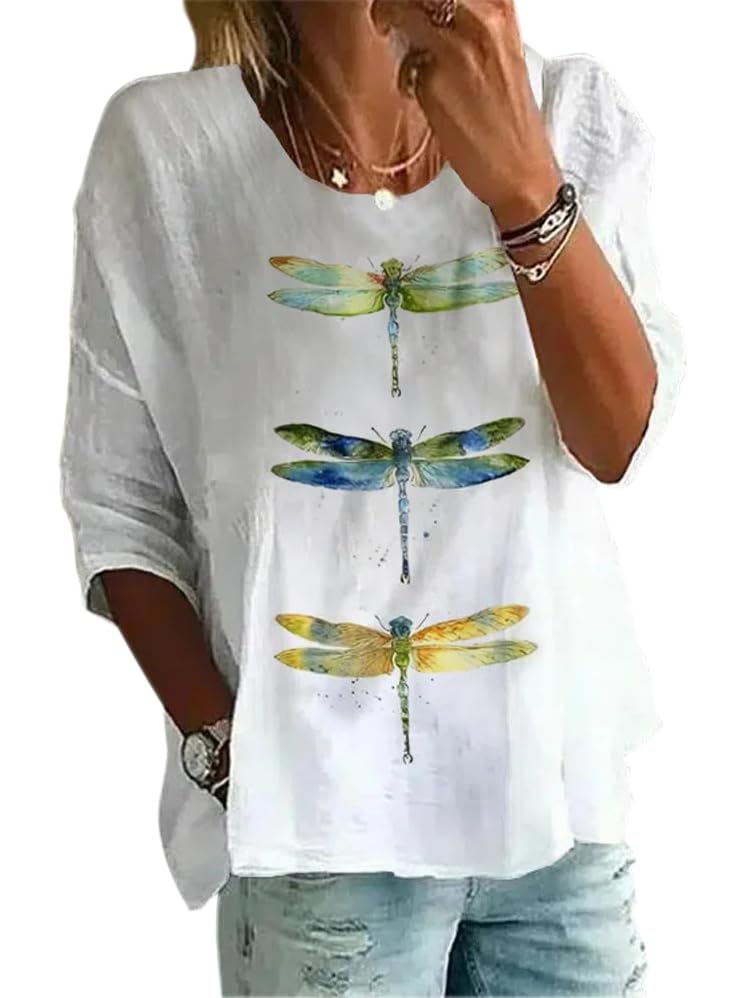 Summer Tops for Women Casual Tops Office Elegance Polyester Tee with Floral Dragonfly Design Comfort Fit Blouse