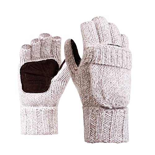 Rehomy Guantes de punto sin dedos de invierno de lana con aislamiento térmico convertibles mitones cubierta de solapa para mujeres y hombres (beige) Cover
