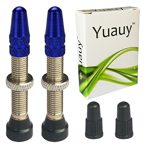 Yuauy 2 piezas sin tubo de válvula sin tubo, núcleo de cobre Presta universal con metal azul y plástico negro para bicicleta de carretera de carreras, tapas de válvula de color para cubrir el polvo Cover