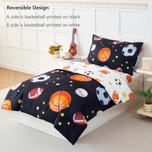 Image of PERFEMET Sports Theme Toddler Boys Bedding Set 4 Pieces Basketball Football Printed Toddler Comforter Set Reversible Design Ball Games Bed in A Bag (Black)