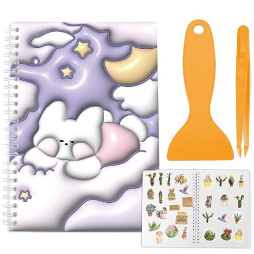 CRASPIRE A5 Size Reusable Sticker Book Collecting with Tweezer and Scraper Blank Stickers Album Keeper Holder Organizer 40 Sheets Release Paper Albums Purple Rabbit Cover Waterproof for Storage Labels