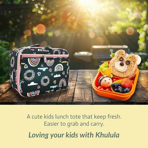 Image of Girls Insulated Kids Lunch Bags Mini Cooler Back to School Food Storage Tote - Picnic Cookouts Travel Reusable Small Lunch Boxes with Cute Pattern Green Rainbow