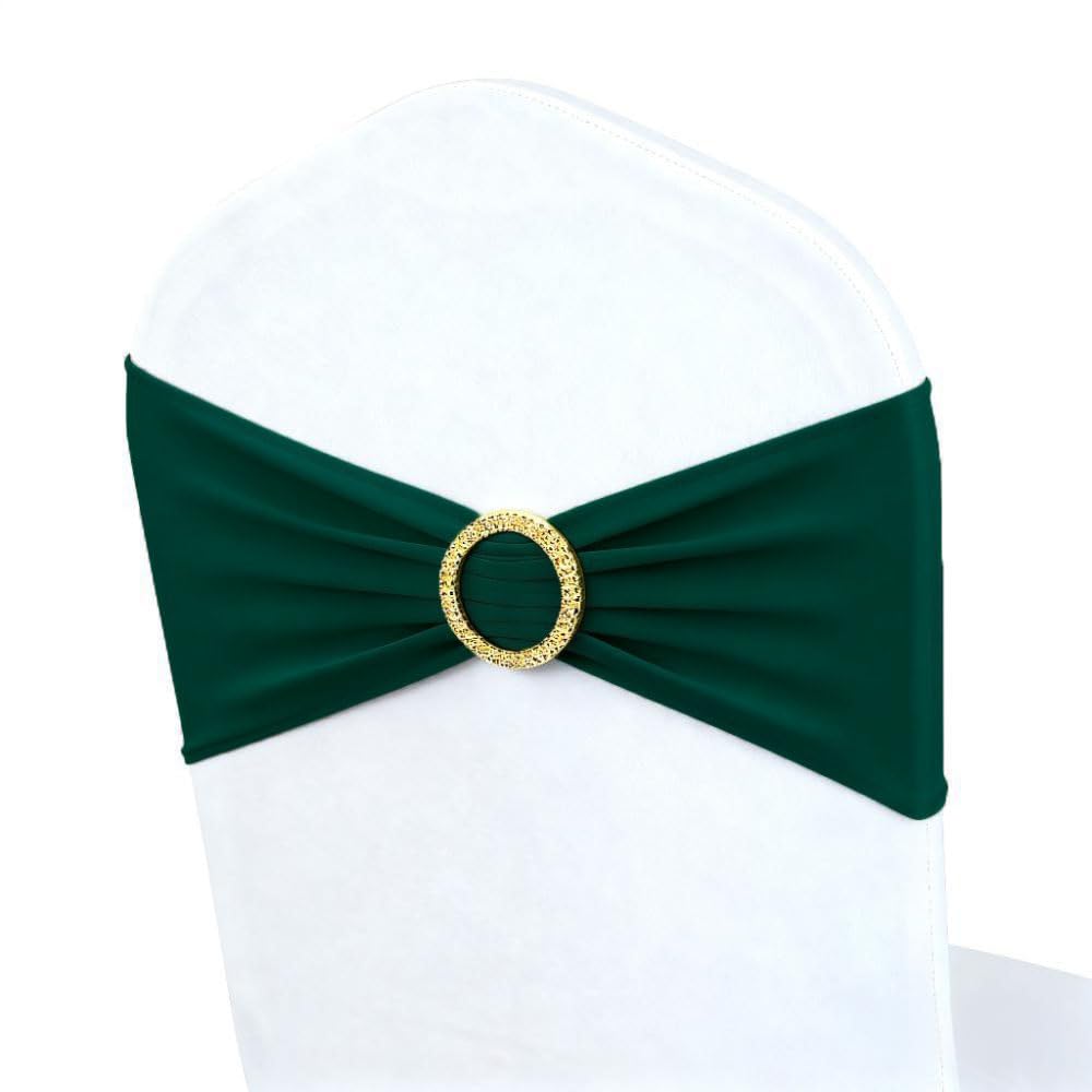 Hunter Green Chair Sashes 50 Pack, Dark Green Spandex Chair Bands with Gold Buckle Slider for Wedding Christmas Party Folding Chairs Birthday Décor, Green Chairs Bows Ties
