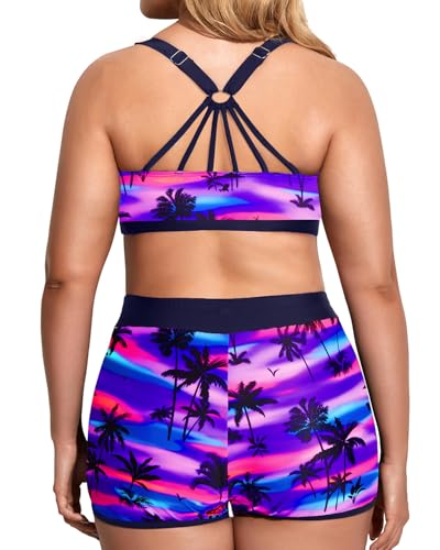 Image of Holipick Women Plus Size Swimsuits - Athletic 3 Piece Tankini with Shorts | Sports bikini top, high waist shorts, tank top, removable pads. Athletic style for water activties