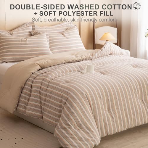 Image of 100% Cotton Comforter Set Full Size - Reversible Yarn-Dyed Stripe Design, Soft Washed Cotton on Both Sides, Lightweight All-Season Bedding, Machine Washable(Colorful Stripe, 80 inchx90 inch)