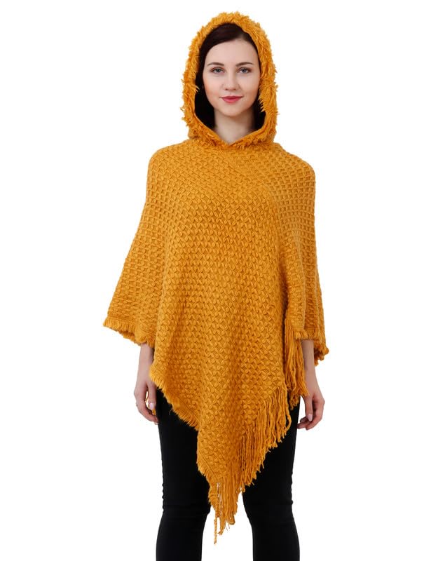 MANRA Ladies' Hooded Cape with Fringed Hem, Crochet Poncho Knitting Patterns for Women (SC 21/Mustard/M)-image-36